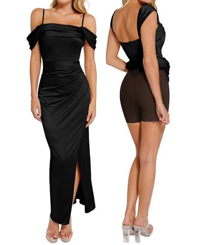 Popilush Cocktail Dresses for Women Built-in Shapewear Off The Shoulder Formal Evening Party Wedding Guest Maxi Dress Black Medium