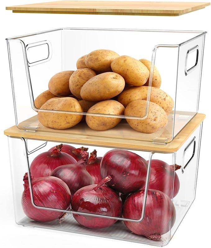 IDEATECH Pantry Organizers and Storage, Kitchen Storage and Organization for Onion, Potato, Veggies, Stackable Clear Organizer Bins for Pantry, Shelf, Kitchen Cabinet, Bathroom Organization(2Pack)