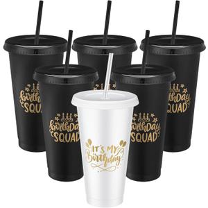 Birthday Party Tumblers 24 oz Squad Plastic Tumblers with Lid and Straw for 20th 30th 40th 50th 60th Birthday Decorations Favor for Women Adults(White, Black,6 Pcs)