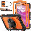 SEYMAC stock Tablet Case for Lenovo Tab One / K9 (TB305FU) 8.7 inch Drop-Proof Protection Cover with 360° Rotate Stand & Strap [Pen Holder] & Screen Protector 2025, Orange+Black