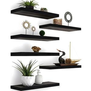 Wood Floating Shelves for Wall Decor, Rustic Wall Shelves for Bedroom Bathroom Kitchen Living Room, Set of 6 Black (17inch)