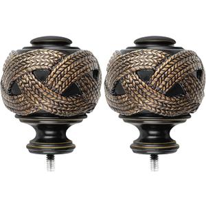 Window Treatment Finials for 1 or 7/8 Inch Curtain Rods, Black Drapery Rods Replacement Finials with M6 Screws, Woven Leaf Pattern, 2 Pack