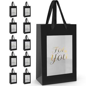 10 Pcs For You Kraft Paper Gift Bags with Transparent Window – 10"x7"x5" Elegant, Reusable Black Window Gift Bags for Christmas, Birthdays, Weddings, Holidays, Small Bouquet, Bridal, and Special Occasions