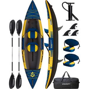 Starcity Kayak Inflatable Tandem Wide Stable Touring Fishing Design 600 Pound Capacity 12" 2"*36"*13" for Lake River Recreational Paddling Families Beginners W/Adjustable Seat Storage Compartment