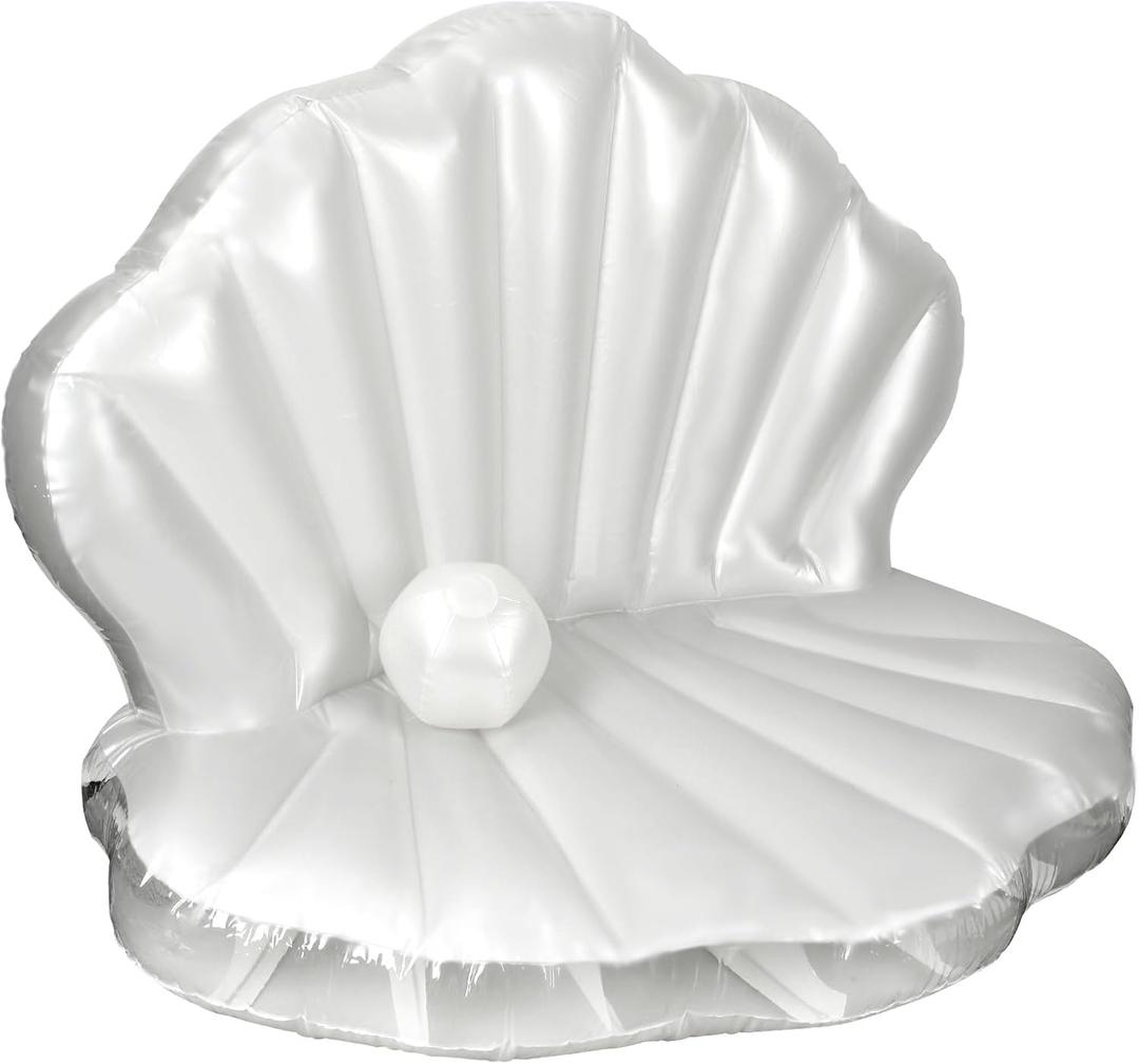 BOXOB 57" Seashell Pool Float, Thickened Inflatable Giant Sea Shell Sofa Bed Mattress with Pearl Ball for Tanning, Ocean Mermaid Theme and Summer Beach Swimming Birthday Party Toy Decorations (white)