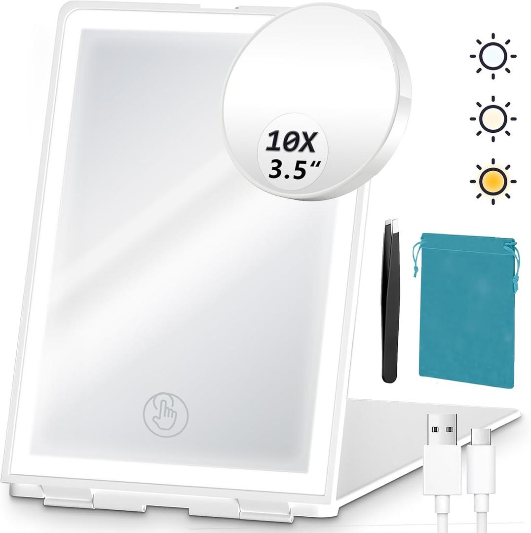 3 x Travel Makeup Mirror with Lights Valentines Day Gifts for Her, Girlfriend, Wife, Birthday Gifts Rechargeable Portable Folding Compact LED Mirror Set with Tweezer 3 Color Light Modes
