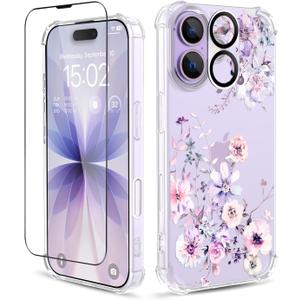 for iPhone 17 Case,[3 in 1] with Screen Protector & Camera Lens Protector, Flower Pattern Design,Clear Soft Shockproof Slim Floral Phone Cover for Women Girls 2025 6.3"(Ink Purple)