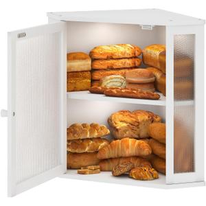 Corner Bread Box for Kitchen Countertop,Bread Storage for Homemade Bread, Double Layer Large Bamboo Kitchen Storage Bin with Window (White, Large)