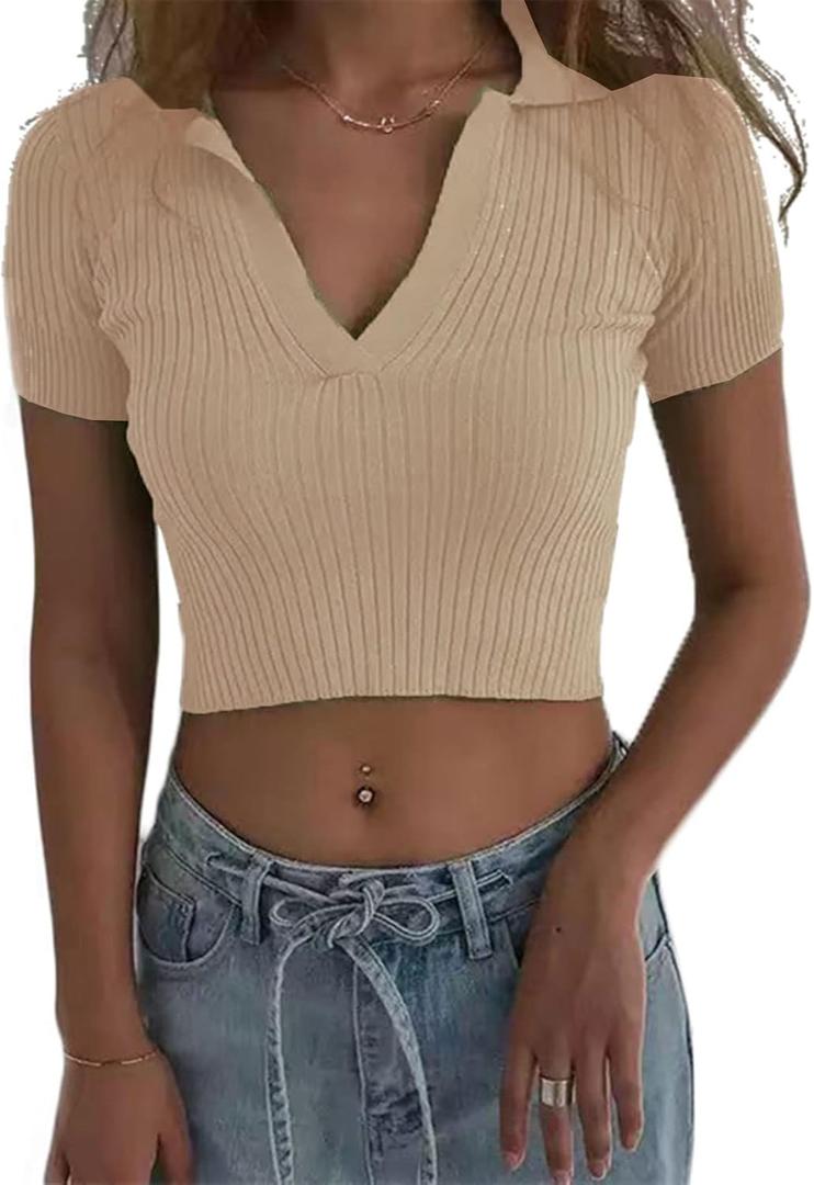Women Knit Crop Polo Shirts,Summer Short Sleeve Ribbed Collared T-Shirt Solid Fitted V Neck Tops (M)