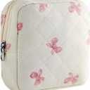 RSRSLEII Small Quilted Cosmetic Pouch for Purse, Mini Cotton Makeup Bag with Compartments, Cute Zipper Lipstick Holder for Women (03White Bow)