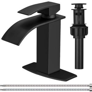 BESy Black Waterfall Bathroom Faucet, Single Hole 1 Hole 3 Holes Single Handle Bathroom Sink Faucet, Vanity Faucet with 6 Inch Deck Plate, cUPC Waterlines, Matte Black with Pop Up Drain