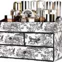 GORESE Leather Makeup Organizer with 3 Drawers for Vanity, Stackable Skincare Holder Dresser Organizer Countertop, Make Up Storage Organizers Counter Cosmetic Display Case Gift for Women(Retro Black)