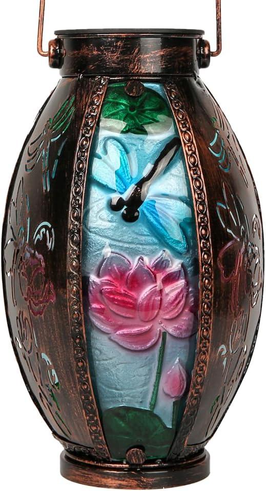 Solar Lanterns Outdoor, Dragonfly and Lotus Leaf Solar Powered LED Glass Lights Decorative Waterproof Tabletop Hollowed-Out Design for Indoor Yard Table Patio Garden (9 inch), medium