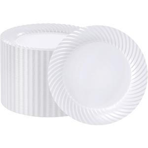 FOCUSLINE 10 Inch White Plastic Plates,100 Count Disposable Heavy Duty Dinner Plates, Premium Hard Plastic for Weddings, Parties and Events