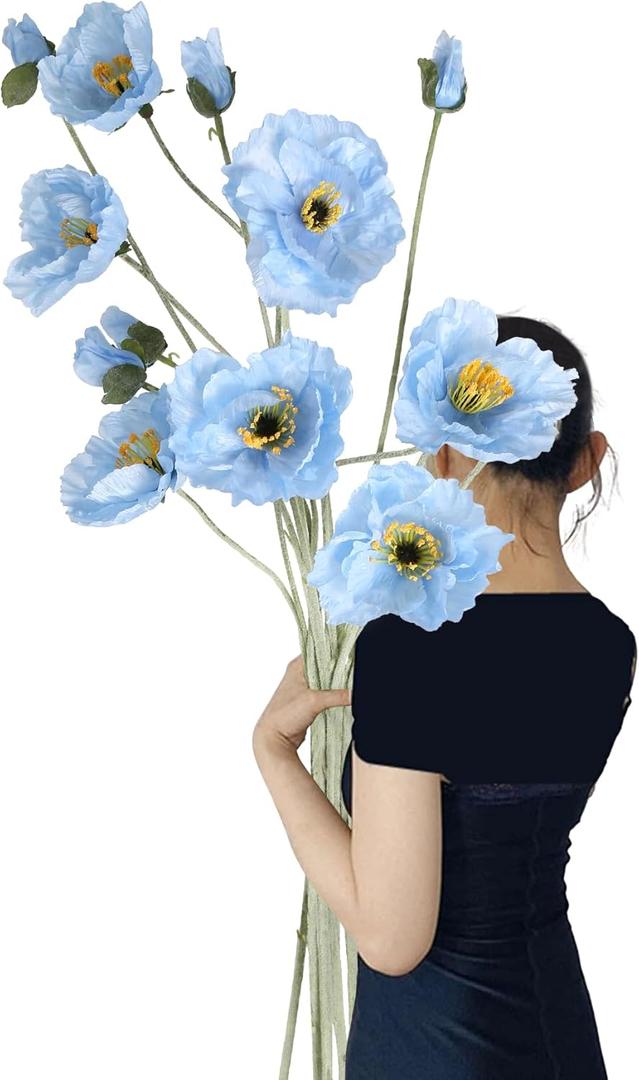 Artificial Poppy Flowers,6PCS Blue Silk Poppy Flower 41.3in Fake Poppies Long Stem Flowers for Wedding Party Office Home Decor(Light Blue)