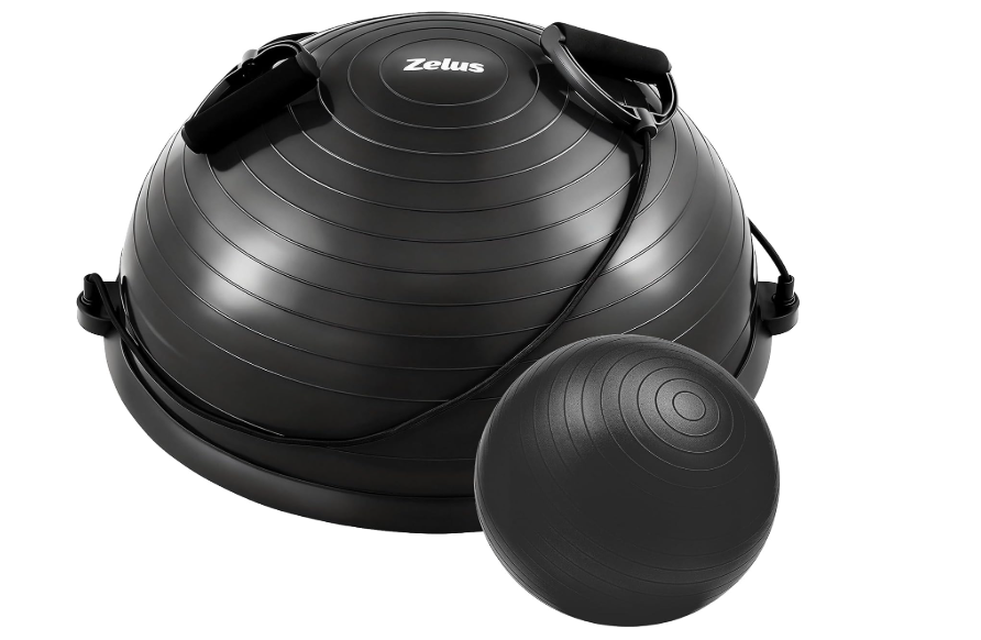 ZELUS Half Balance Ball Trainer, 23 inch Half Exercise Ball with Nonslip Base, 330lbs Cap Half Yoga Ball with Resistance Bands & Foot Pump, Extra Ball Included, Strength Fitness Ball for Home Gym