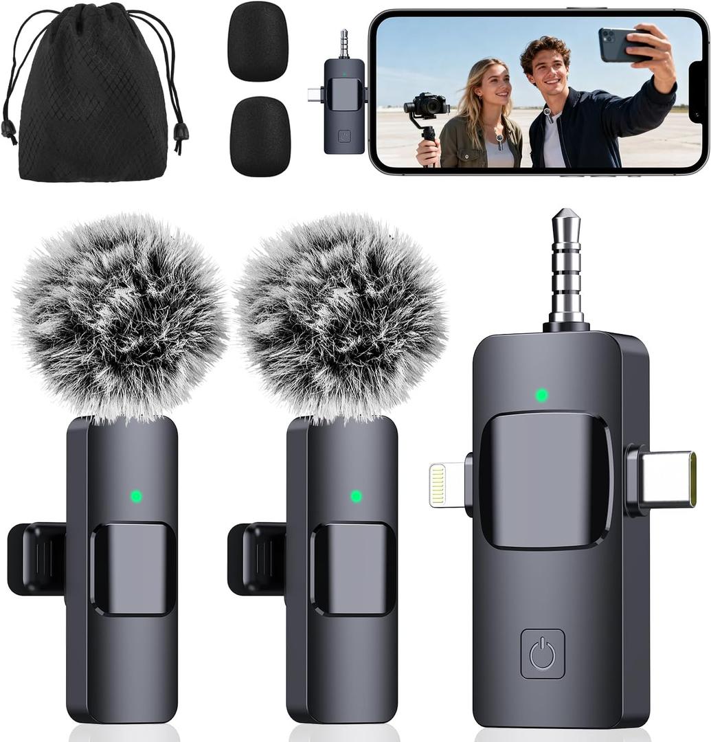 3-in-1 Microphone for iPhone, Android, Camera, Wireless Microphones, Mini Microphone, Lapel Mic with Noise Reduction, Crystal Clear Sound & 7H Battery for Recording, YouTube, Podcast (Charcoal Black)