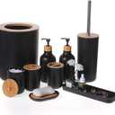 Matte Black Bathroom Accessories Set 9PCS,Bamboo Bathroom Accessories Sets Complete with Trash Can,Soap Dispenser and Toothbrush Holder Set,Toilet Brush,Qtip Holder,Vanity Tray,Soap Dish