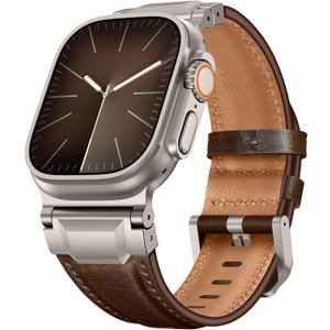 Leather Band Compatible with Apple Watch Ultra 3/2/1 Band 49mm 46mm 45mm 44mm 42mm, Leather Rugged Metal Connector Strap for iWatch Ultra Series 11/10/9/8/7/SE/6/5/4/3/2/1, Dark Brown/Titanium
