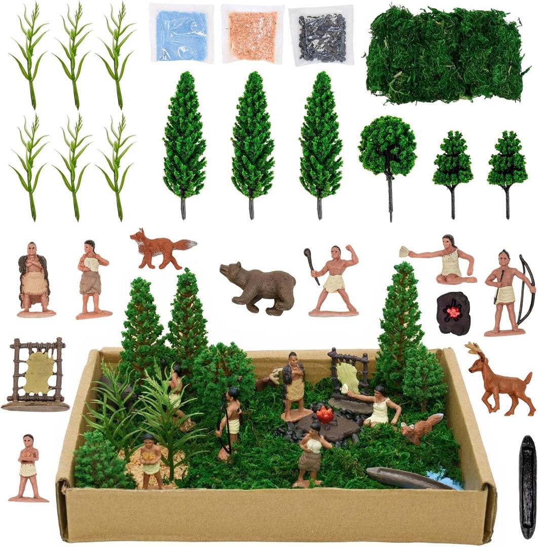 28 PCS Native American Indians Figures Toys Set, Include Plastic Figurine Toys Trees Moss Sand Stones, Kids Historical Education School Project Decoration Birthday Halloween
