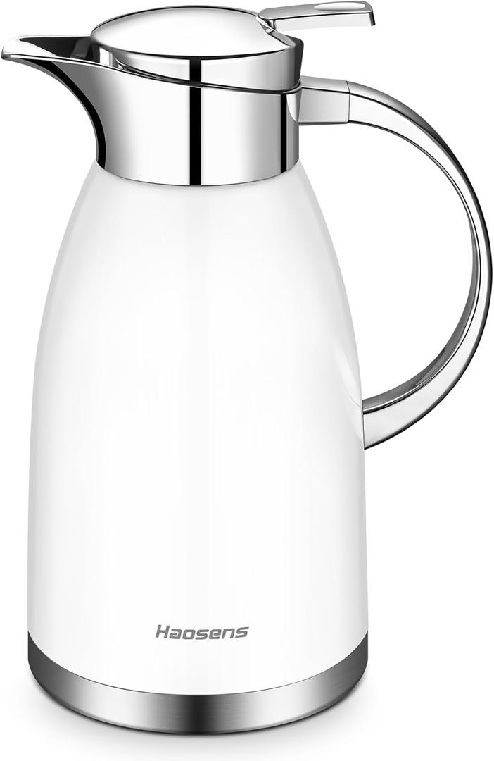 Thermal Coffee Carafe (64 Oz), 18/8 Stainless Steel Insulated Coffee Carafe - Elegant design, Double Walled Vacuum Flask for Tea, Water and Coffee (White)