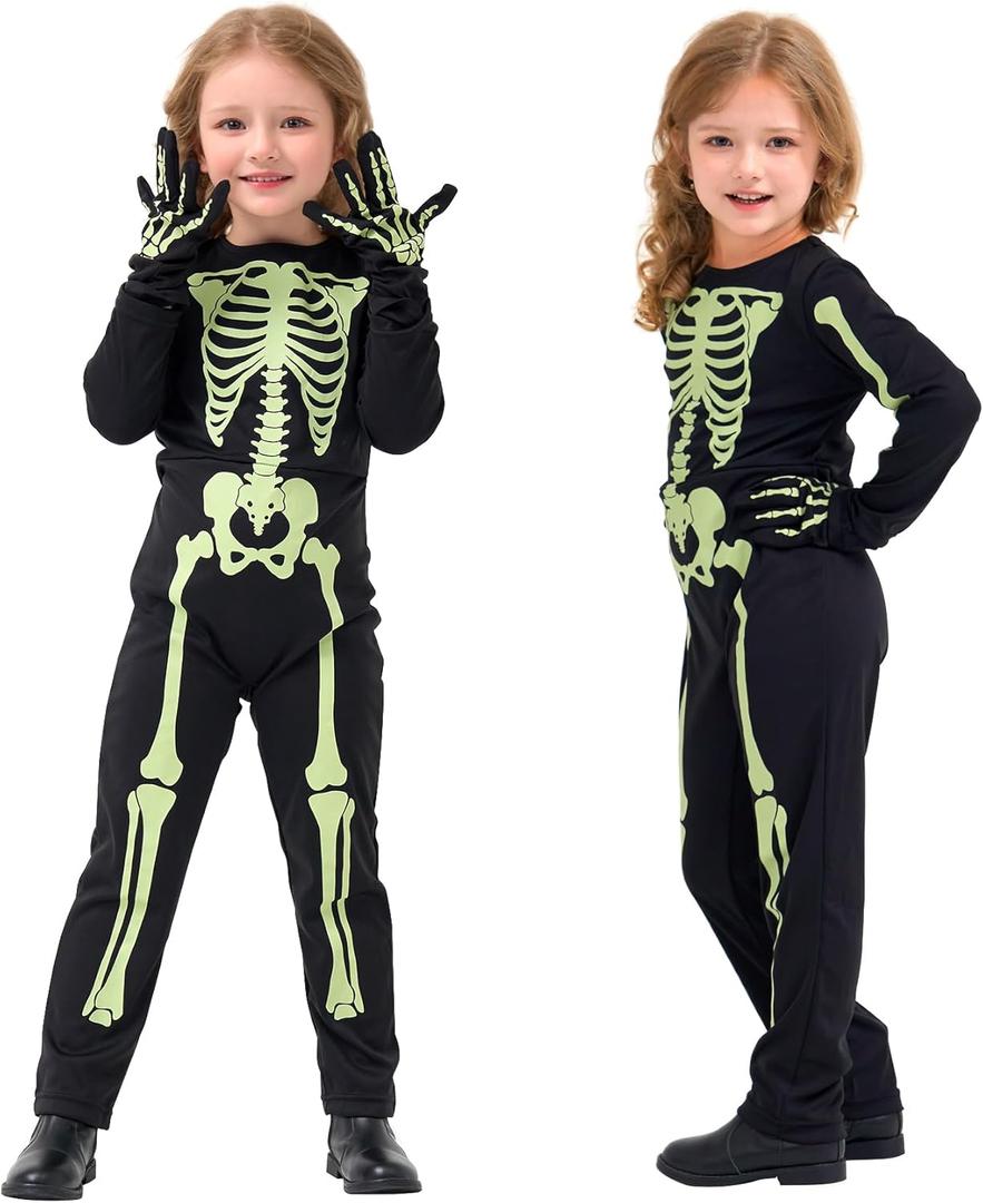 Kids Skeleton Costume Glow in the Dark Skeleton Costume Halloween Toddler Ghost Onesie with Gloves for Boys Girls (4T(3-4 years))