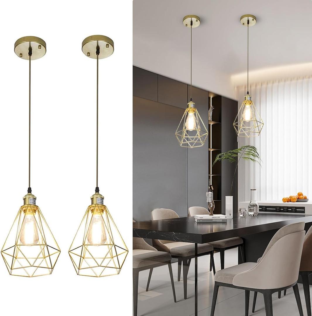 Gold Farmhouse Pendant Light 2 Pack,Cage Pendant Lights Kitchen Island, Hollow Lighting, Adjustable Height Hanging Lights Fixture for Dining Room Living Room Entryway
