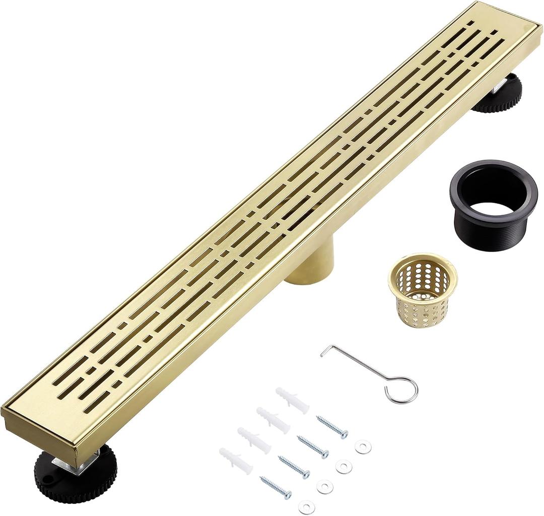 32 Inch Linear Shower Drain, Brushed Gold Shower Drain, Removable Grate, 304 Stainless Steel, Easy to Install and Clean for Bathrooms (Drain Base Not Included), LSD-29A-32G