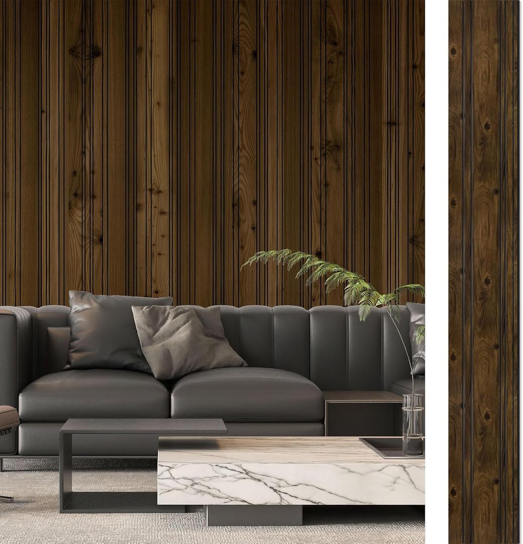 Art3d 4-Pack Glue-On Wall Panels, Wood Grain Texture Interior Wall Decor, 104"x12" Recycled Polystyrene Wainscoting Panels, Low Emission for Living Room Bedroom,Natural Walnut