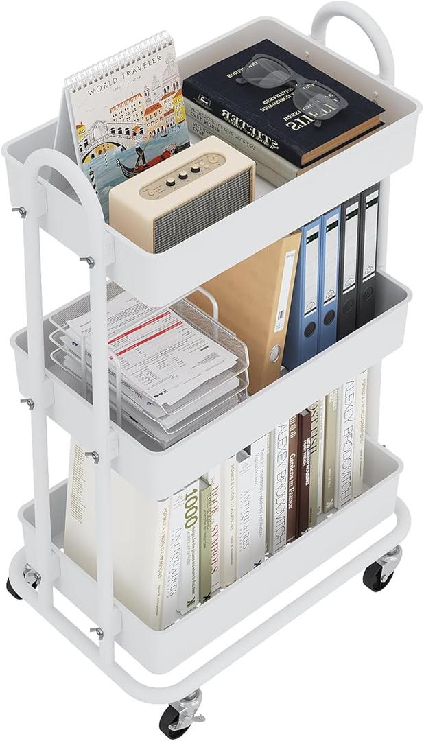 Boeeoan 3Tier Utility Cart with Wheels, Rolling Cart, Storage Shelves, MultiFunctional Organizer Cart for Bathroom, Office, Kitchen, White