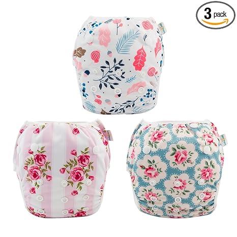 Babygoal Baby Girl Swim Diapers 3 Pack for 8M3T Babies and Toddlers, Reusable Adjustable Washable for Swimming LessonsFlower