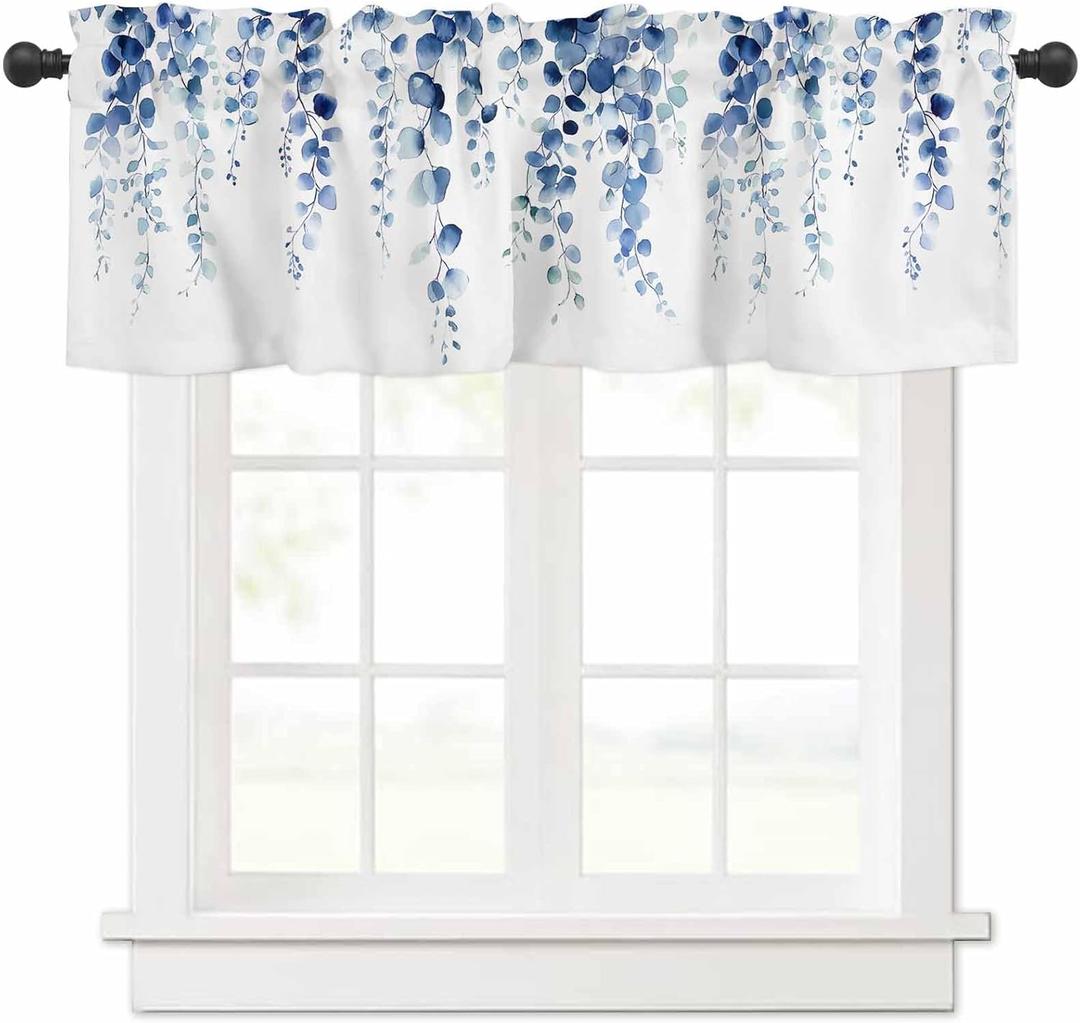 Blue Eucalyptus Leaves Valance Curtain , Watercolor Blue Ombre Eucalyptus Leaves Spring Window Treatment for Kitchen, Dark Blue Leaf Rod Pocket Curtain for Bathroom Living Room 42" W x 12" L