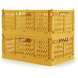 Domiella 2-Pack Crates for Storage, Storage Crates Plastic Stackable, Foldable Crate for Office Home Kitchen Bedroom Bathroom (Small, Golden Yellow)