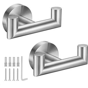 Towel Hooks for Bathrooms,Brushed Nickel Towel Hook for Kitchen Bathroom,SUS304 Stainless Steel Coat Hook,Heavy Duty Double Holder Robe Hooks for Hanging Towels,Coats,Sponges,Clothes,Wall Mount,2 Pack