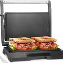 Baker's Friend Mini Panini Press Electric Griddle, Sandwichera Electrical for Pancakes & Eggs, 2 Slices of Panini Grill Press Sandwich Maker Press, Stainless Steel, Non Stick Surfaces, Oil Tray