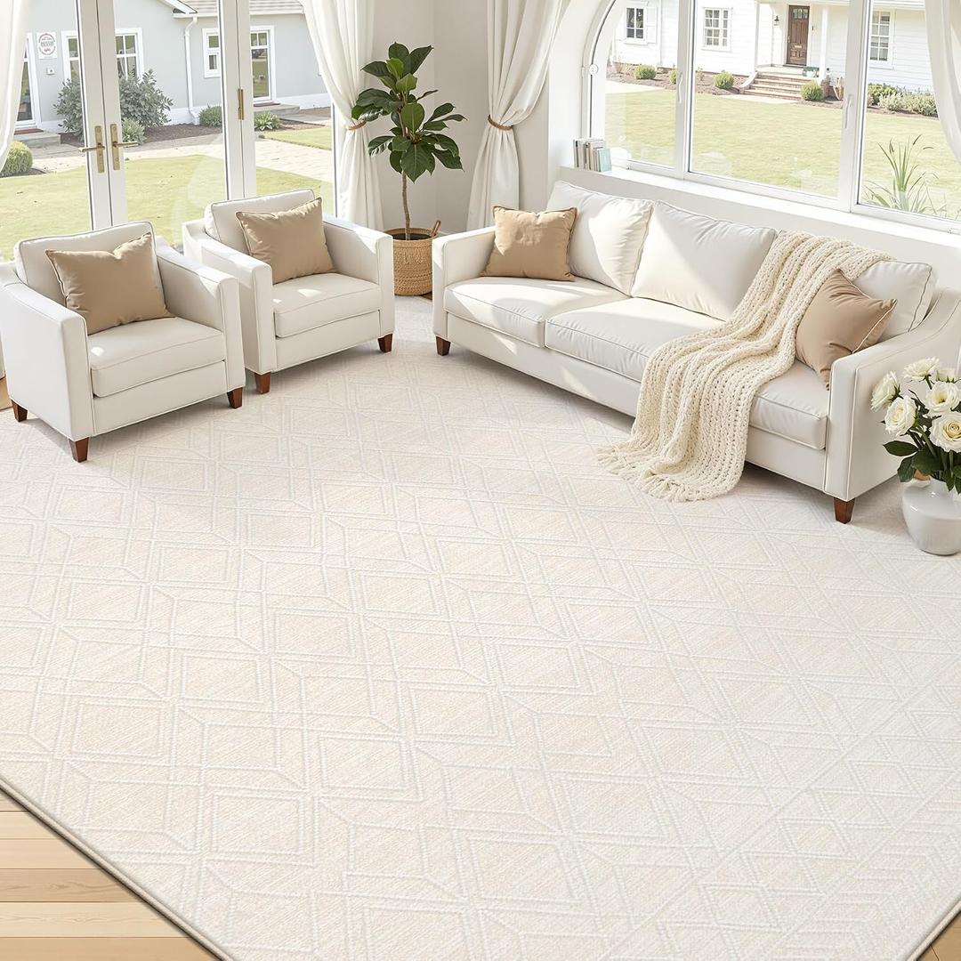 9x12 Area Rugs Washable Rug: Geometric Moroccan Farmhouse Rugs Large Living Room Rug Modern Neutral Soft Non-Slip Printed Pattern Carpet for Bedroom Dining Room Nursery Office (Beige, 9'x12')
