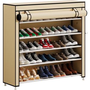 Calmootey 5 Tier Shoe Rack Organizer to Hold 25 Pairs, Portable Shoe Shelf with Nonwoven Fabric Cover for Closet Hallway, Bedroom, Entryway, Beige