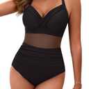 BMJL Women's One Piece Swimsuits Tummy Control Bathing Suit Slimming Sexy Mesh Swimwear(Black,XL)