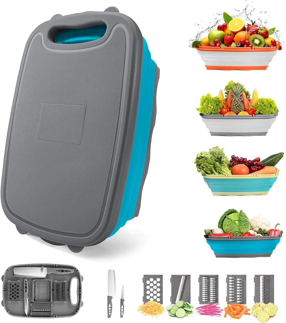 Gintan Camping Cutting Board, 9-in-1 Collapsible Chopping Board with Colander, Kitchen Vegetable Washing Basket for Camping, Camping Gifts Camping Accessories for RV Campers (Blue+Grey)