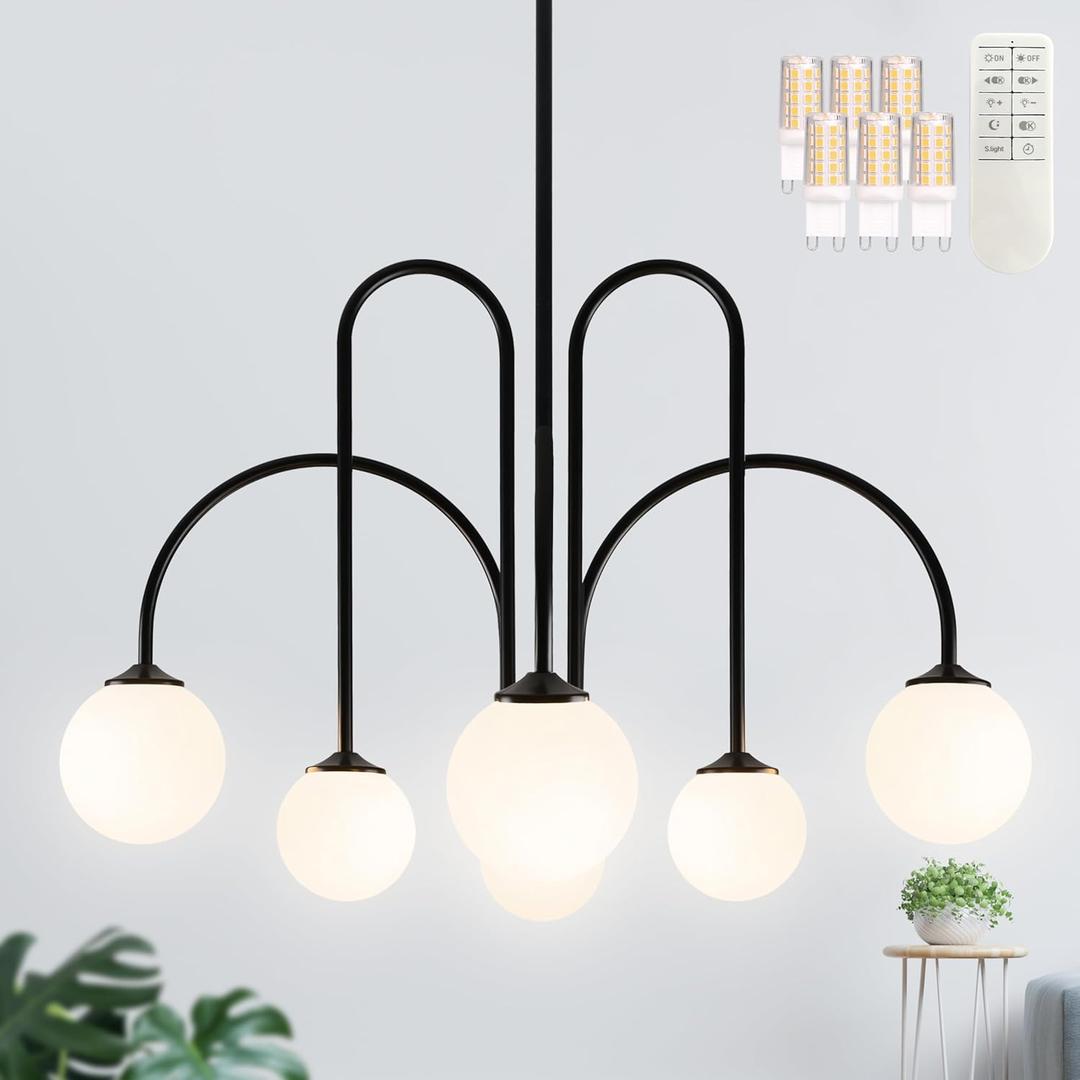 Bagood Modern Sputnik Chandelier Mid Century Chandelier for Dining Room 6-Light 30" Matte Black Sputnik Globe Chandelier with Milk Glass Globe Shade for High Ceiling (Bulbs& Remote Incl.)