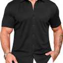 URRU Men's Muscle Dress Shirts Slim Fit Stretch Wrinkle Free Short Sleeve Casual Button Down Shirts (Large, Black)