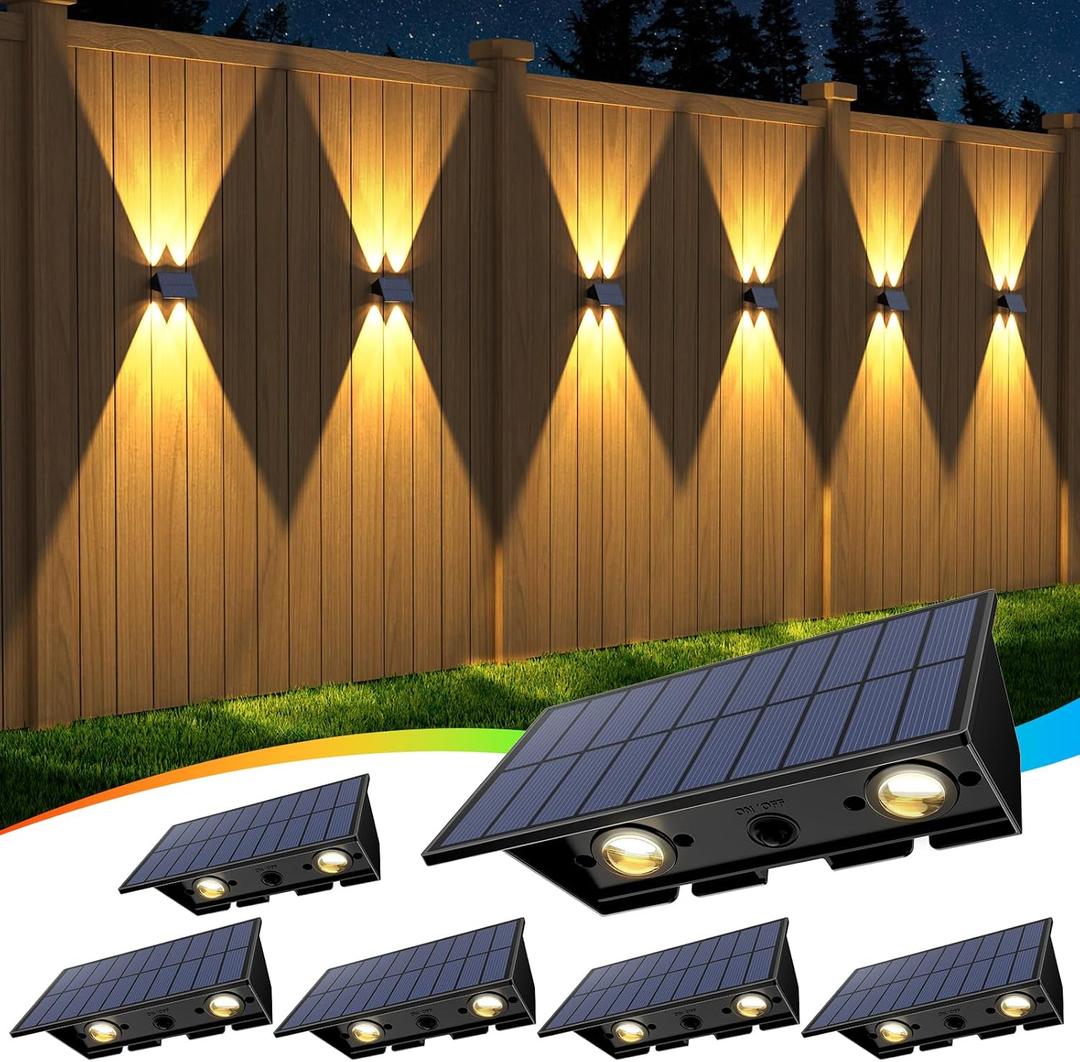 Solar Fence Lights,6Pack Solar Lights Outdoor Warm White + RGB Up & Down Waterproof 100 Lumens Dusk to Dawn Large Solar Wall Lights for Backyard/Pool/Railing/Patio/Porch/Step/Wall