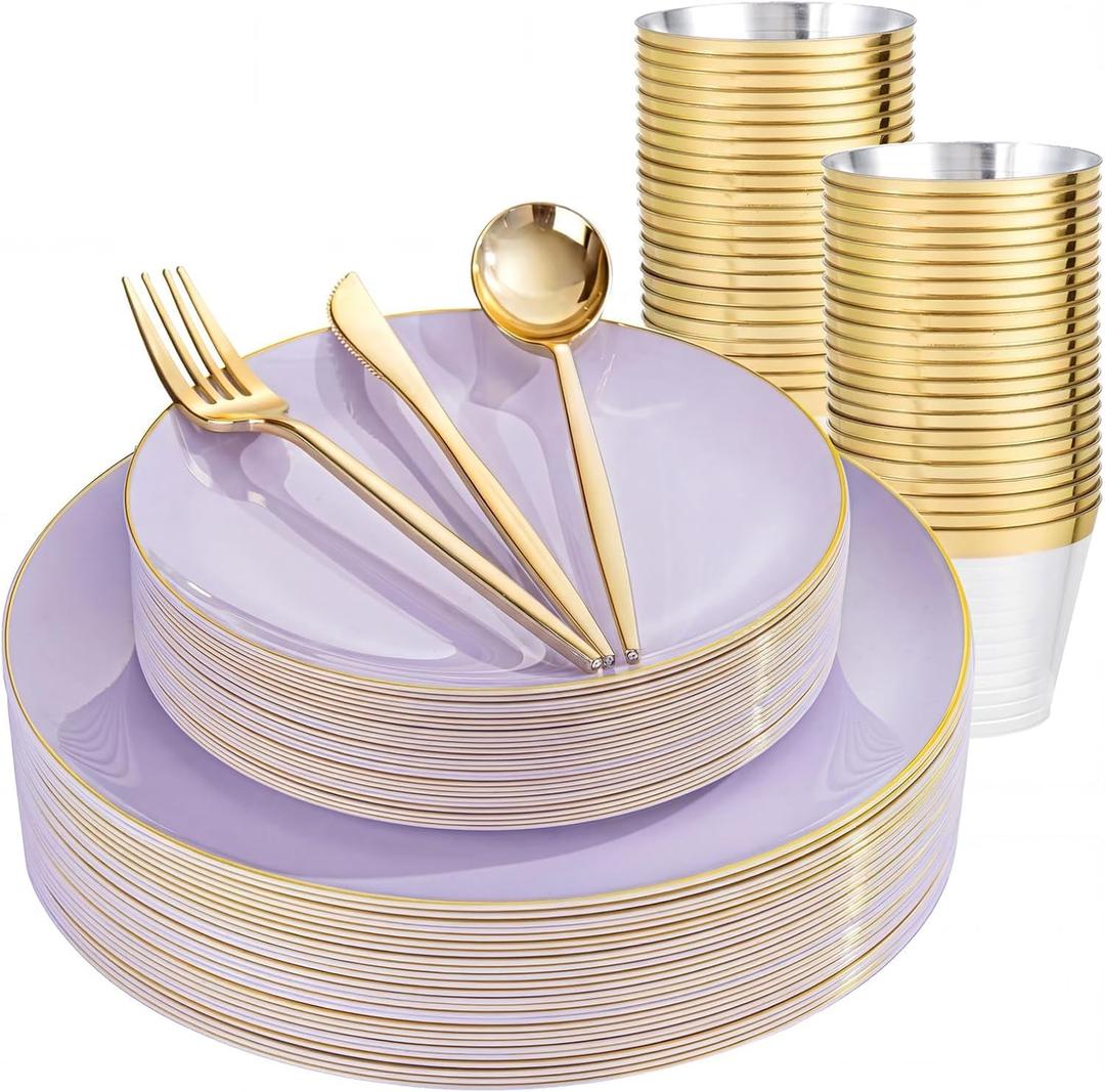 bUCLA 150PCS Purple Plastic Plates - Light Purple and Gold Disposable - Include 25 Each (Dinner & Dessert) lavender Plates, 25 Knives, 25 Forks, 25 Spoons & 25 Cups for Party, Birthday & Wedding