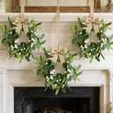 6 Pcs Green Artificial Eucalyptus Swag Wreaths Spring Summer Candle Rings Wreath with White Berries Mini Green Kitchen Cabinet Wreaths with Ribbon for Front Door Porch Wall Window Farmhouse Decoration