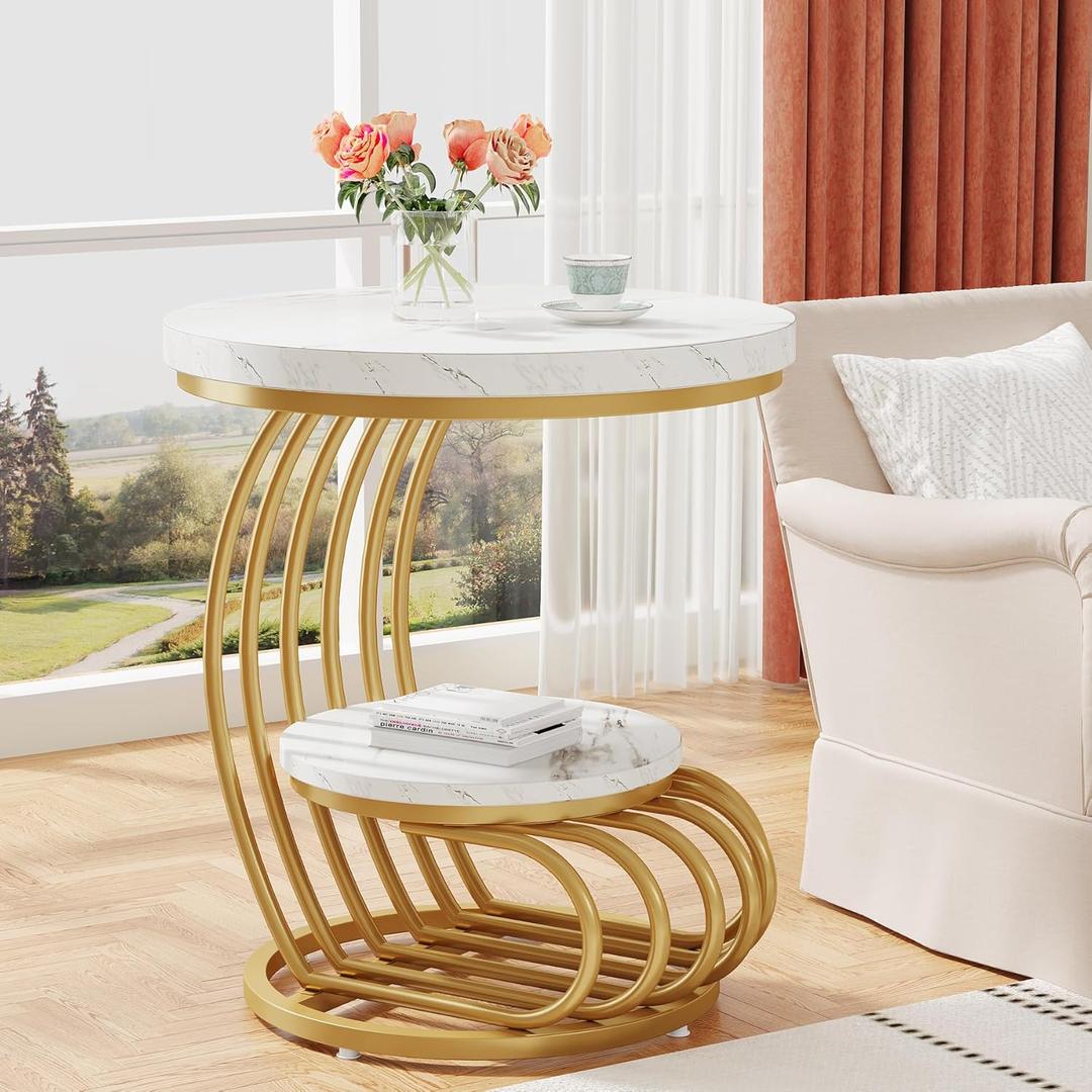 Tribesigns Gold Round End Table: 2 Tiers Faux Marble Side Table with Storage Shelf, Modern White Gold Bedside Nightstand, Metal Arc-Shaped Frame Accent Table for Living Room, Bedroom, round, 19.68-inch diameter