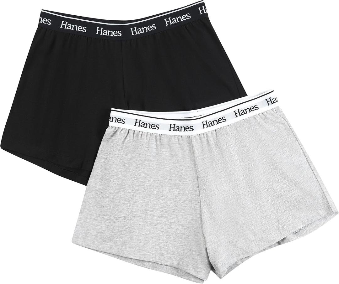 Hanes Women's Originals Comfywear Sleep Shorts (2 Pack) (Large, Heather Grey Marle/Black)