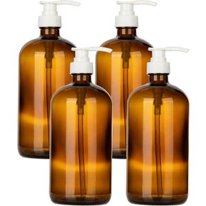 32 Ounce Glass Pump Dispenser Bottle, Large Amber Container with Pump for Shower and Bath Shampoo Soap Conditioner Lotion - 1 Liter - by Kitchentoolz (White Pump)