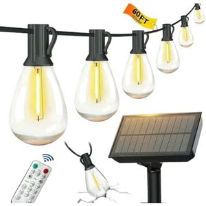 BLIATLUS 60FT Solar String Lights Outdoor Waterproof with Remote Control Solar Patio Lights 15+2 shatterproof LED Bulbs for Porch Garden Market Bistro Patio Backyard Fence