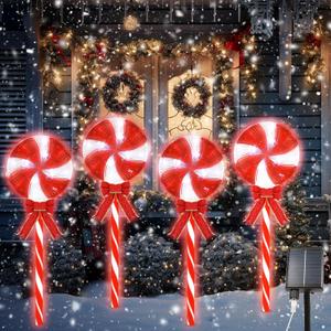 4LED Solar Christmas Pathway Lights Solar Powered Lollipop Garden Lights Decorations Christmas Peppermint Waterproof Outdoor Light Red and White for Yard Deck Lawn Patio Walkway Courtyard(1Pack)
