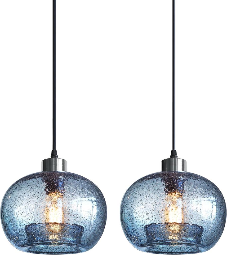 CASAMOTION Pendant Lighs Kitchen Island Hand Blown Glass Marble Blue Color Modern Rustic Style Ceiling Hanging Light Fixtures Dining Room Brushed Nickel 8.7 Inch Diam 2 Pack